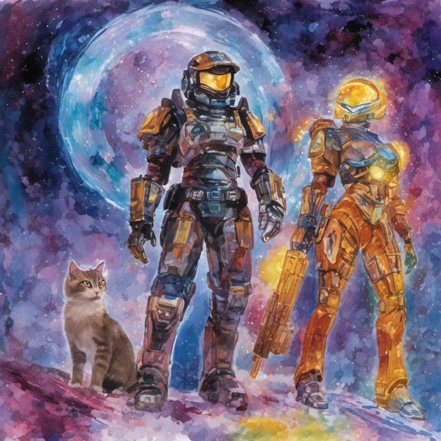 <lora:Dance of the Lines:1.0> Gully Master chief and Cat Cortana in Quantum Paradox of Boundlessness, Fantastically Absurd, Holo-Architectu...