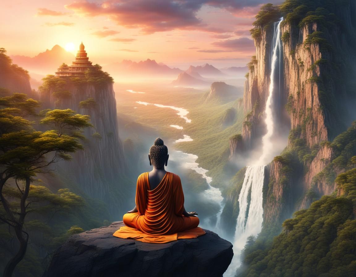 magnificent landscape: Buddha meditation on high mountain cliff, eyes closed, perfect anatomy, stunning waterfall, magni...