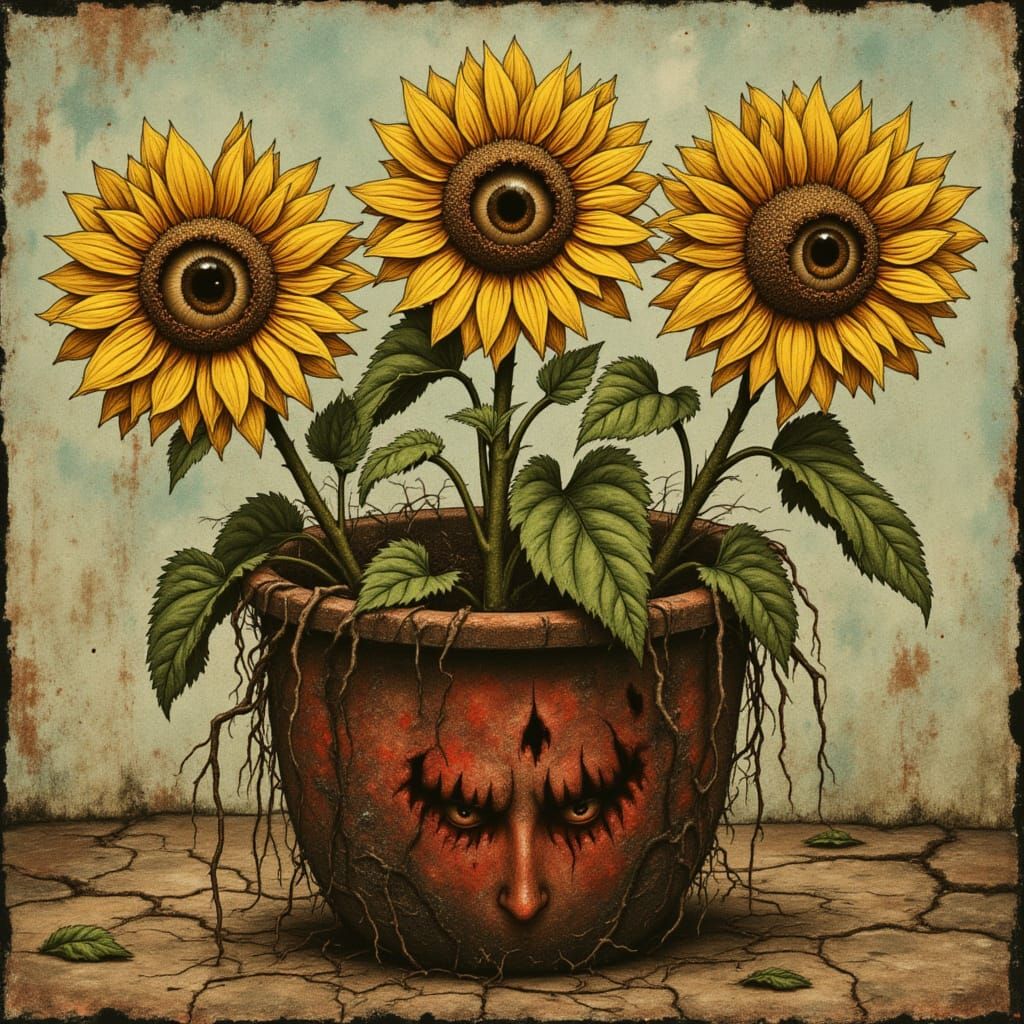 Surreal Sunflowers With Eye Sockets Stare From Scorched Plan...