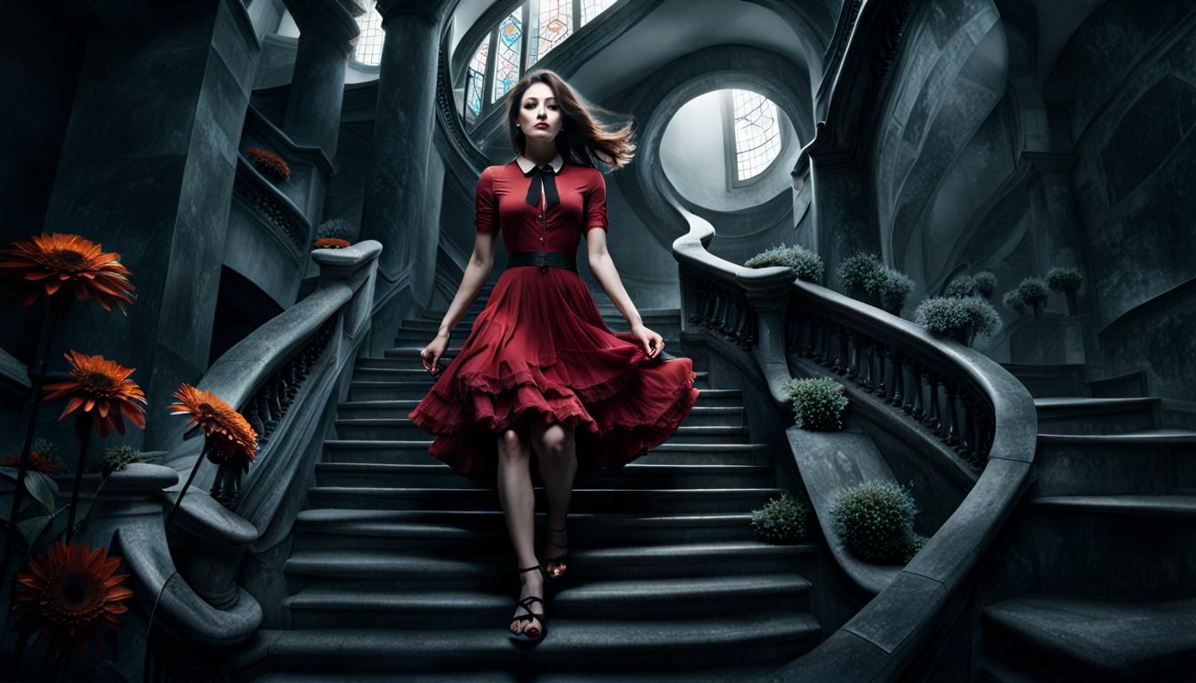 girl desending staircase