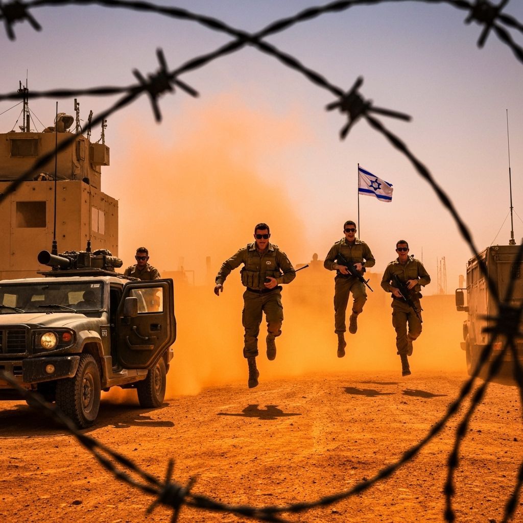 Soldiers in uniform and sunglasses jump out of military SUVs, rushing toward fortified buildings at a desert base, underneath a blazing sun,...
