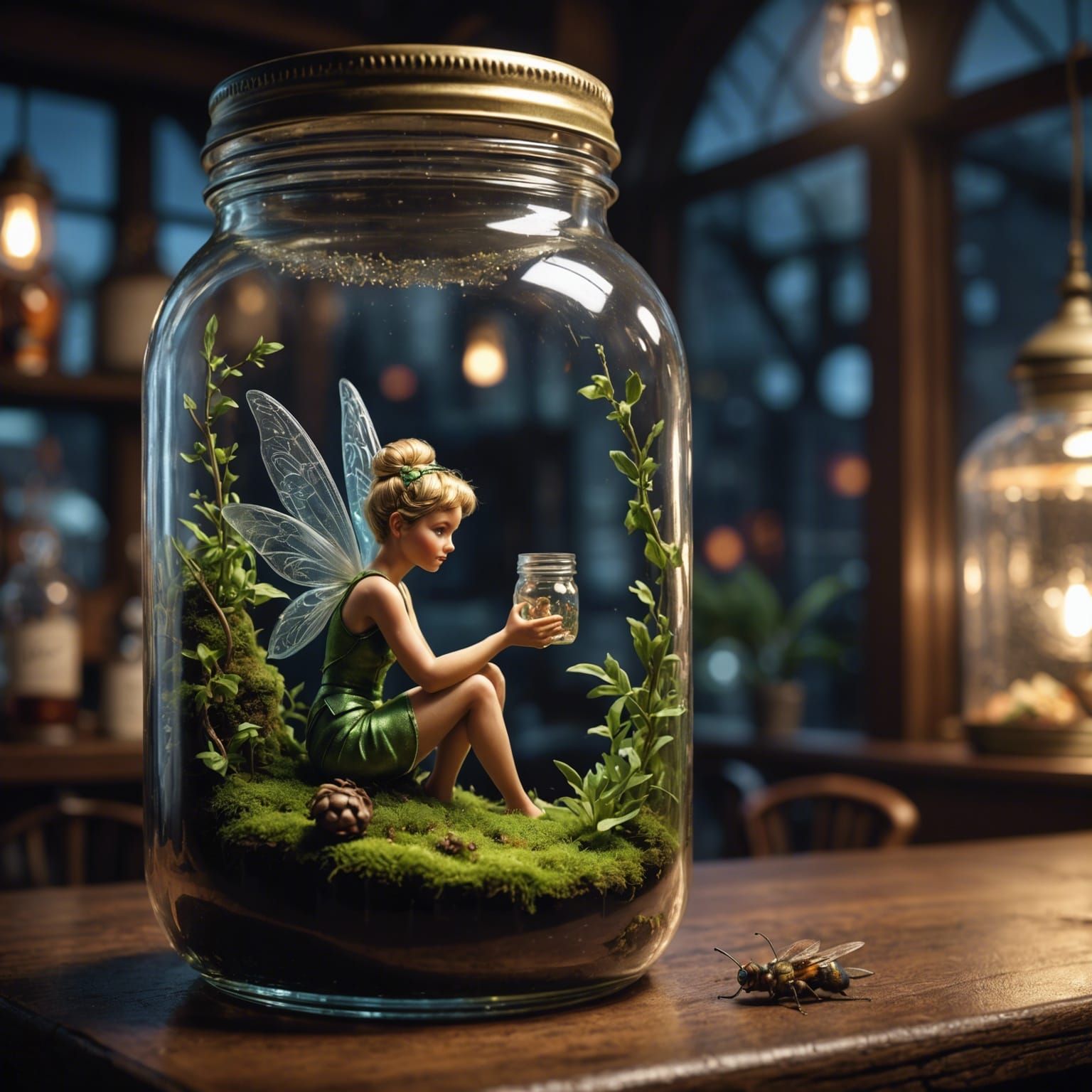 Fae folk in a jar holding a jar with something in it.   by @undefined