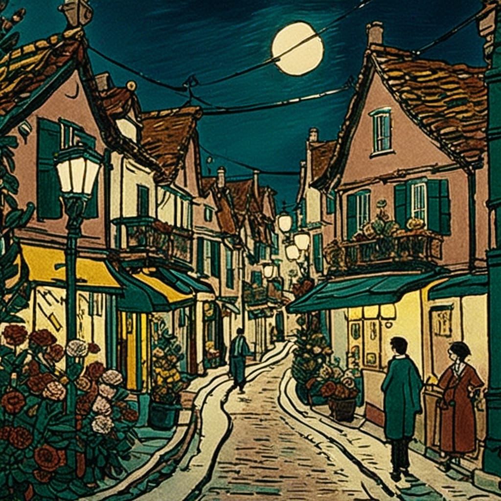 <lora:DongHoFolkPainting2:1.0> English village, night street light