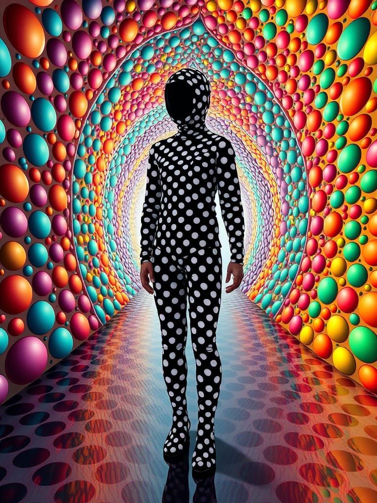 A person wearing a full-body costume with a high-contrast, colorful filigree pattern of polka dots merges ...  by @viola