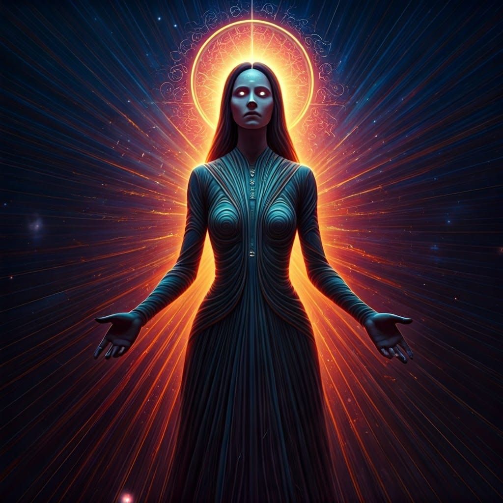 A cosmic portrait of Thea, the philosopher, at a moment of profound realization. She stands at the center, one hand rais...