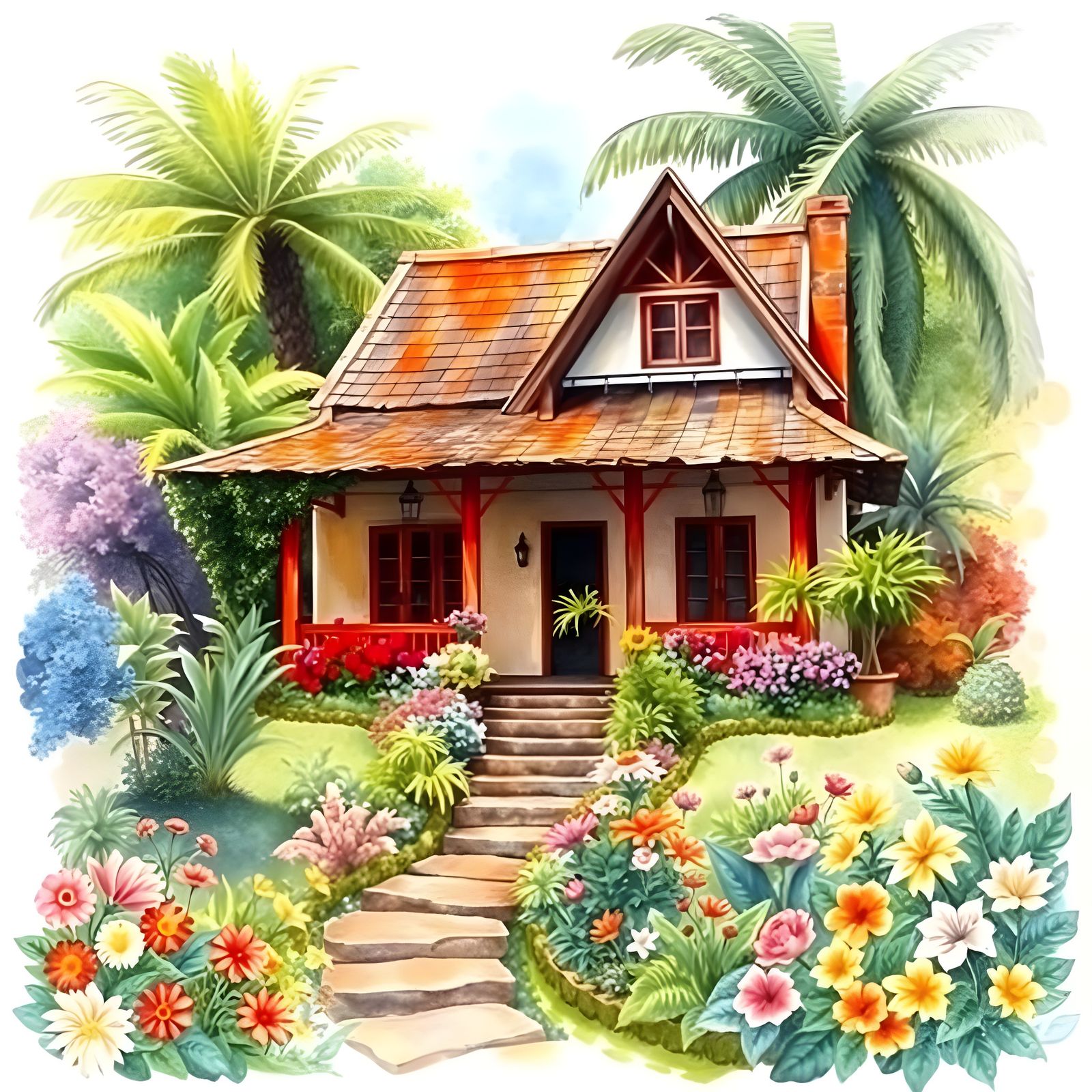 Watercolor charm: a cozy Goa house surrounded by a vibrant garden.  by @I Love U
