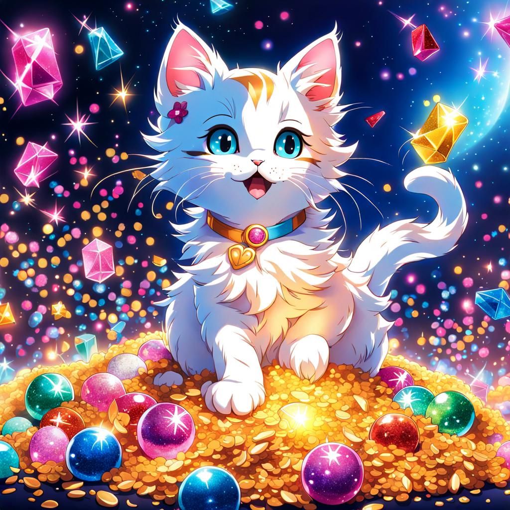 adorable kitten covered in multicolored glitter, cute cat pl...