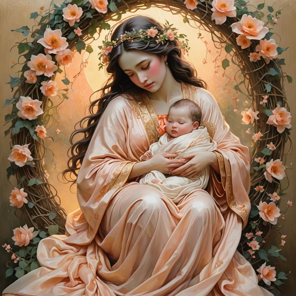 Live Angel dressed in peach colors, guarding a baby that is also in peach, the Angel has white wings ...  by @undefined
