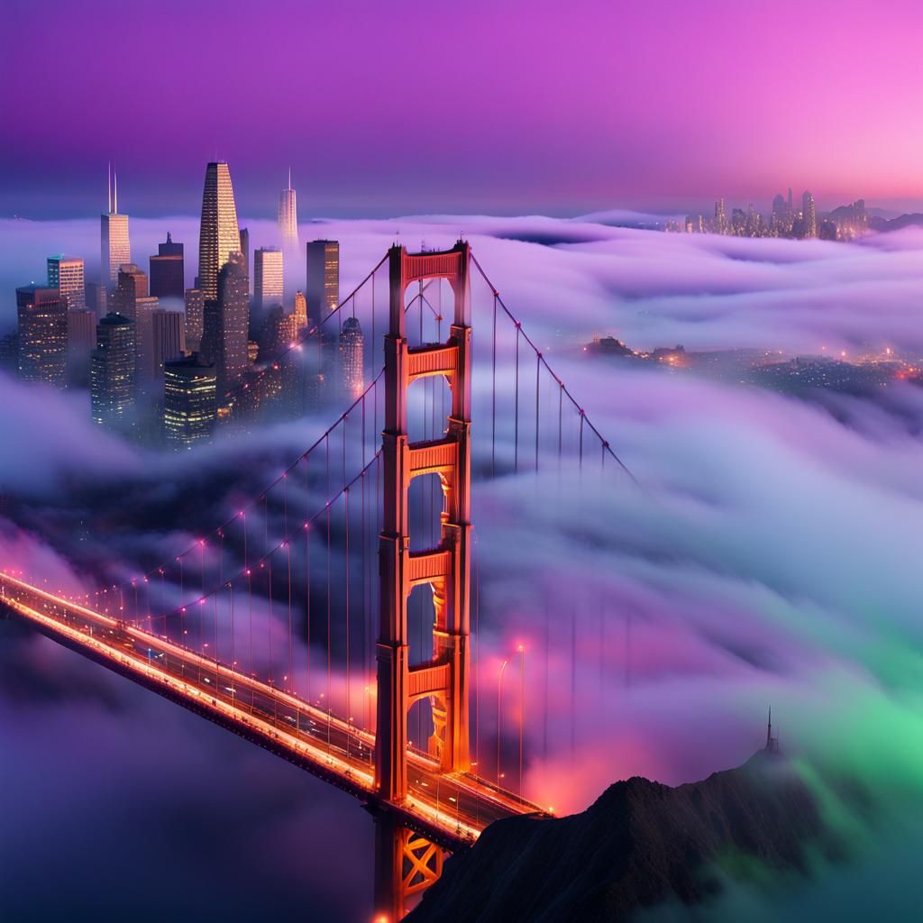 Golden Gate Bridge Curving Through Iridescent Fog