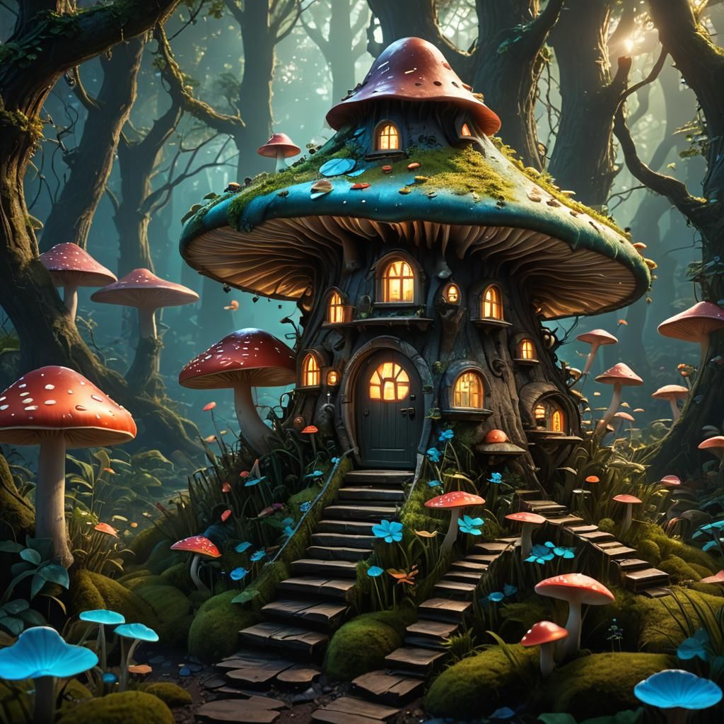 A fairy mushroom house in an enchanted bioluminescent forest...