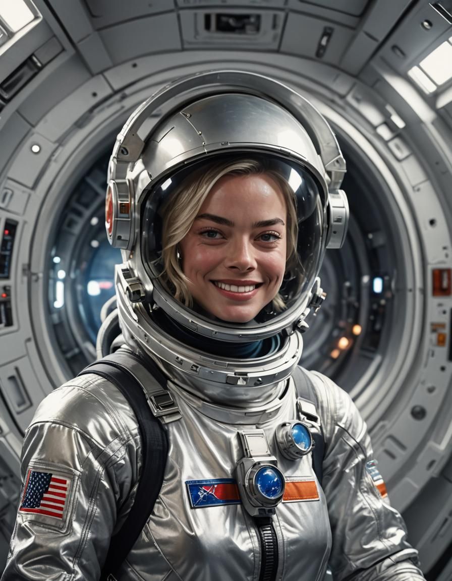 Astronaut Margot Robbie, all suited up in her silver spacesuit in the airlock