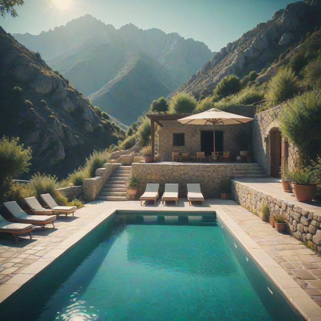 Beautiful outdoor swimming pool in the mountains, Mediterranean style   by @Mauve Marauder