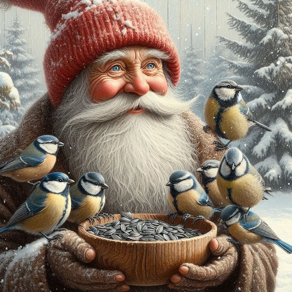 Gnome feeding sunflower-seeds to the birds