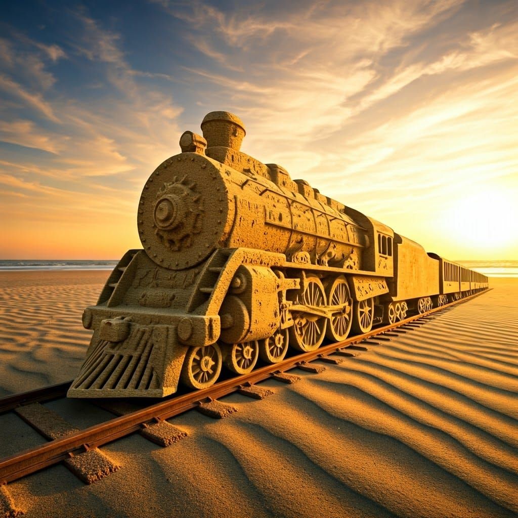 A fantasy-style steam train made of sea sand in a majestic design built with rails on soft sand at the ...  by @david_katz