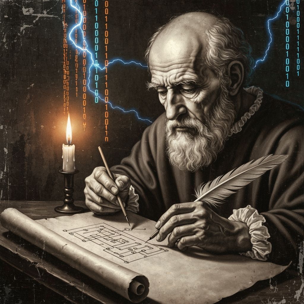 "Cyber-Renaissance painting: Archimedes, an aged scholar with quill, meticulously drawing digital algorithms and circuit diagrams on parchme...