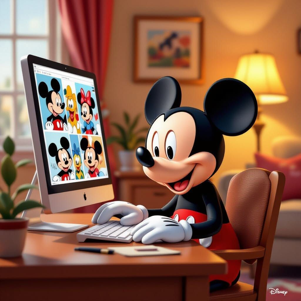 Mickey Mouse at Computer Viewing Photos, Whimsical Digital A...