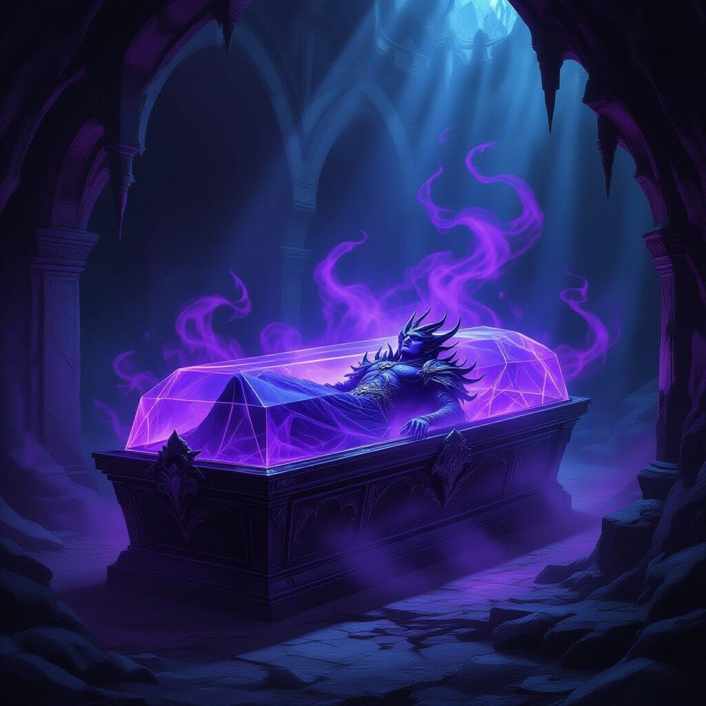 Crystal Coffin Holds Spectral Demon King in Dark Fantasy Sty...