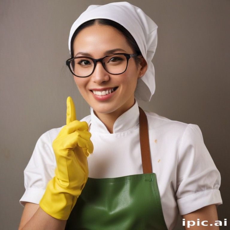 japanese scullerymaid aged 25, wearing glasses, a dirty white rubber apron and heavy yellow household gloves (1)