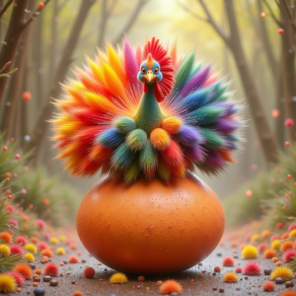 a cute colorful fluffy turkey sitting on a giant egg. <lora:-1TIE-Singularity-:0.5> 