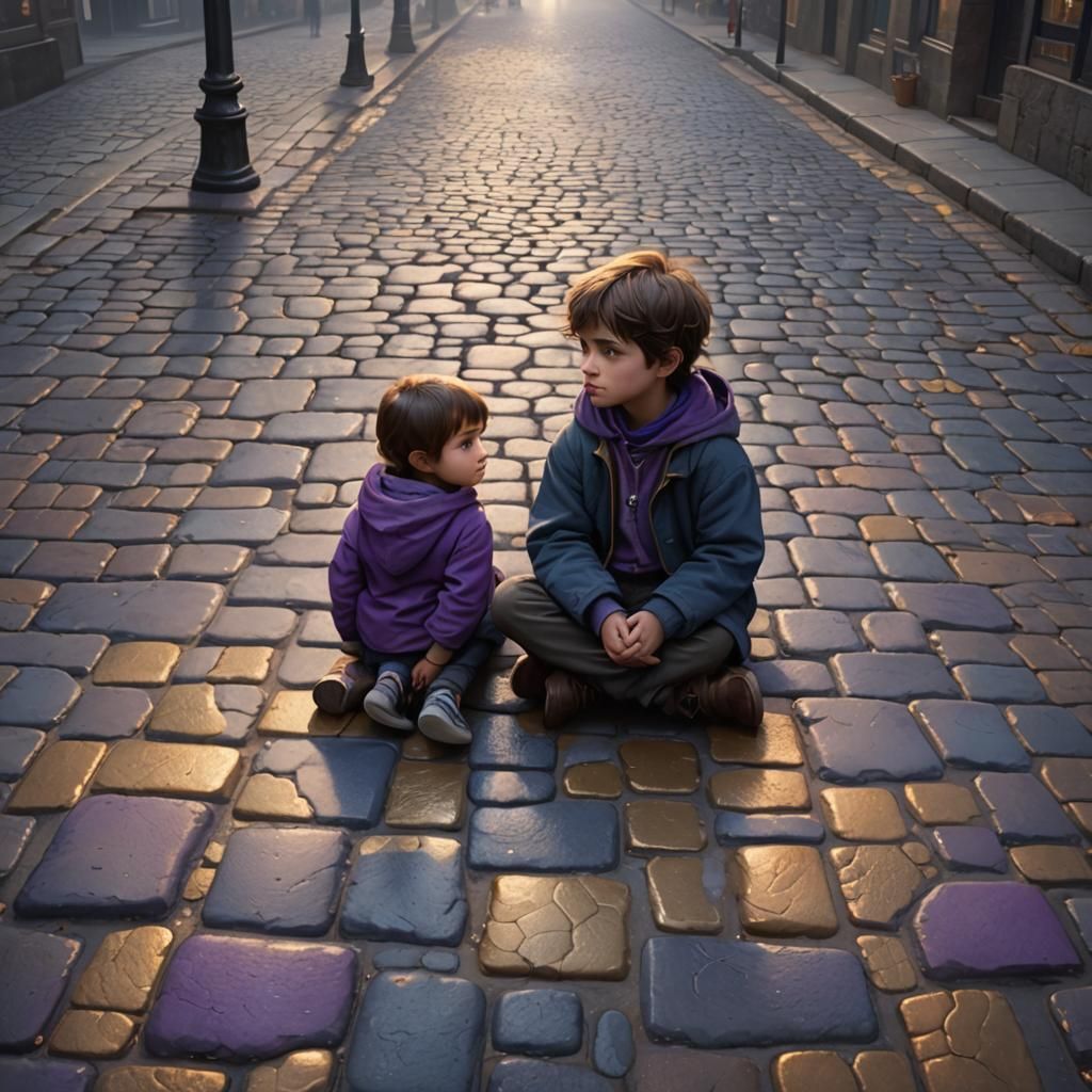 Sad Child on Sidewalk: Whimsical Matte Painting