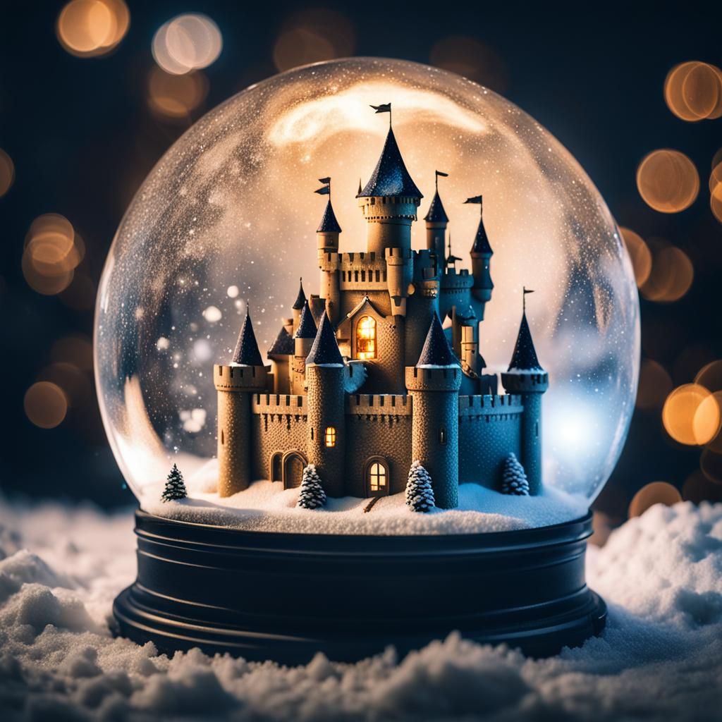 Snow globe and a dreamy castle under snow inside in the nigh...