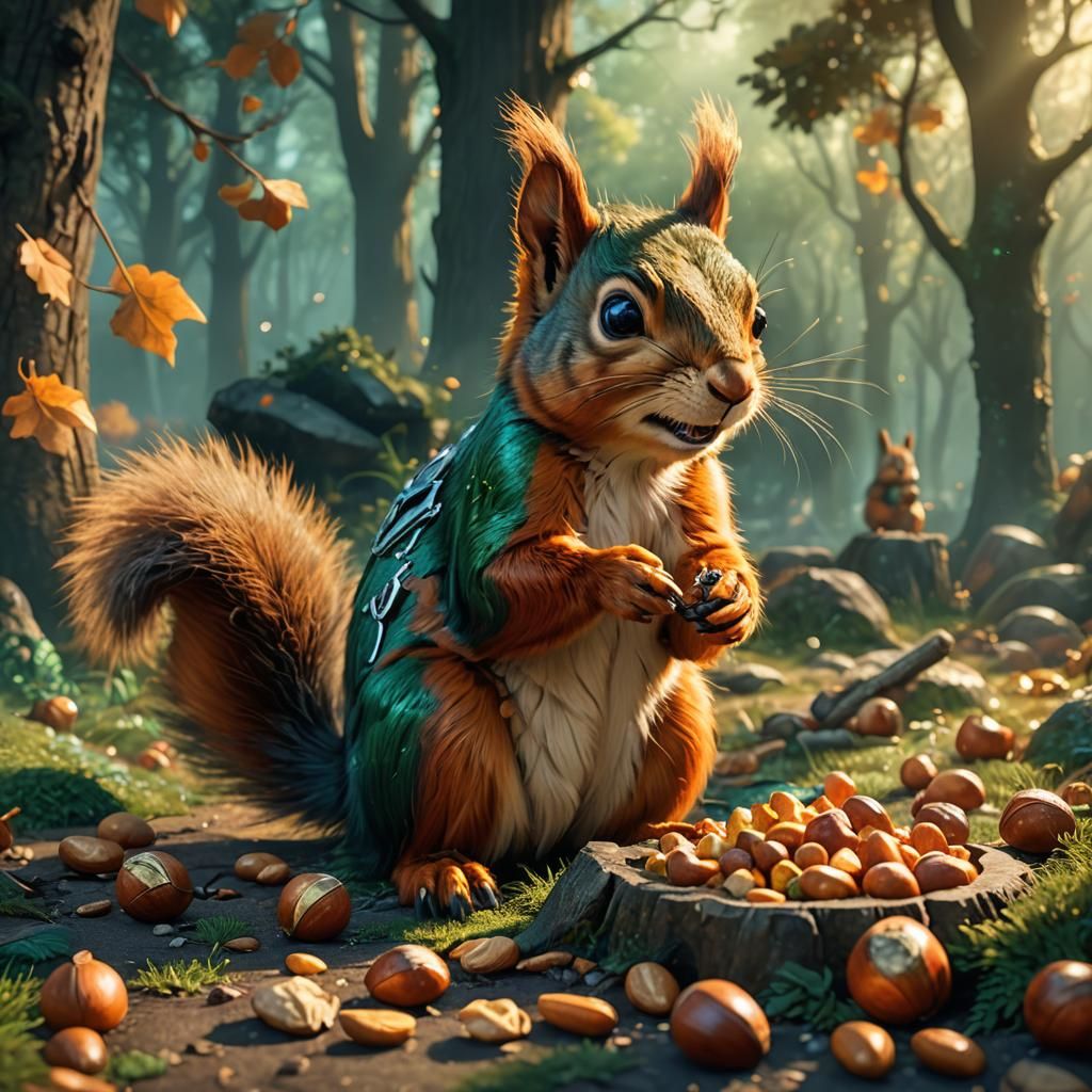 Cute Squirrel Eating Nuts in Fantasy Art