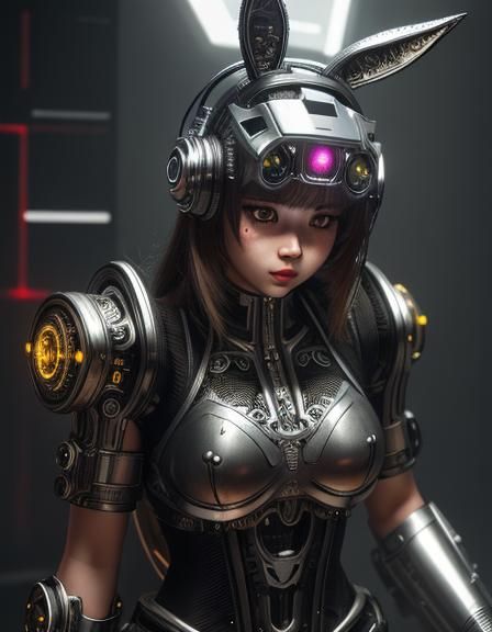 a cute Bunny Rabbit 🐇 made out of metal, cyborg, cyberpunk ...