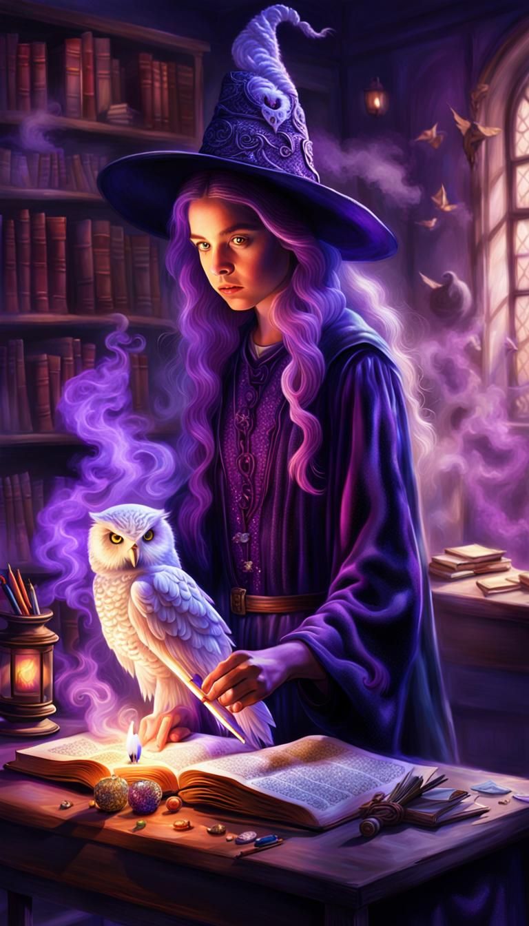 "Young prety witch at school practicing witchcraft in the classroom, the spells cast are textured by ...  by @Biboo