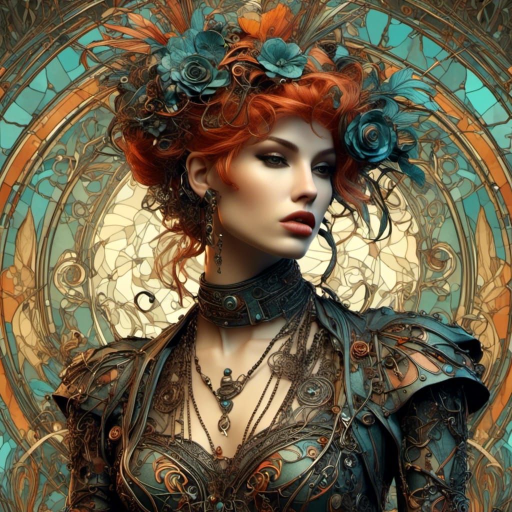  <lora:Art Nouveau Punk:1.0> punk art nouveau woman, masterfully designed and rendered, 8K resolution, 3D shading, dramatic lighting 