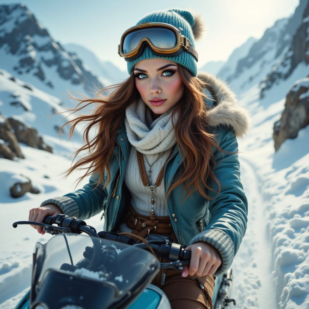 Woman Riding Snowmobile in Snowy Mountains