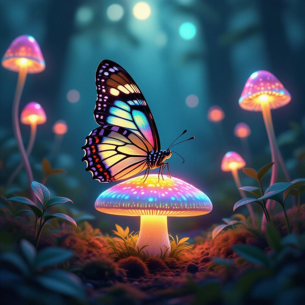 Oil painting. Full shot. A bioluminescent butterfly with intricate patterns on its wings rests on a glowing mushroom in a fantastical forest...