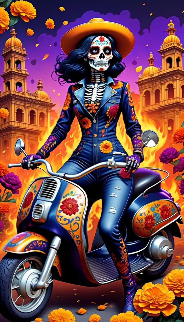 Dia de los muertos, La Catrina, folkloric denim catsuit, marigolds, vespa motorcycle, flames, plaza central Mexico City a masterpiece, 8k re...