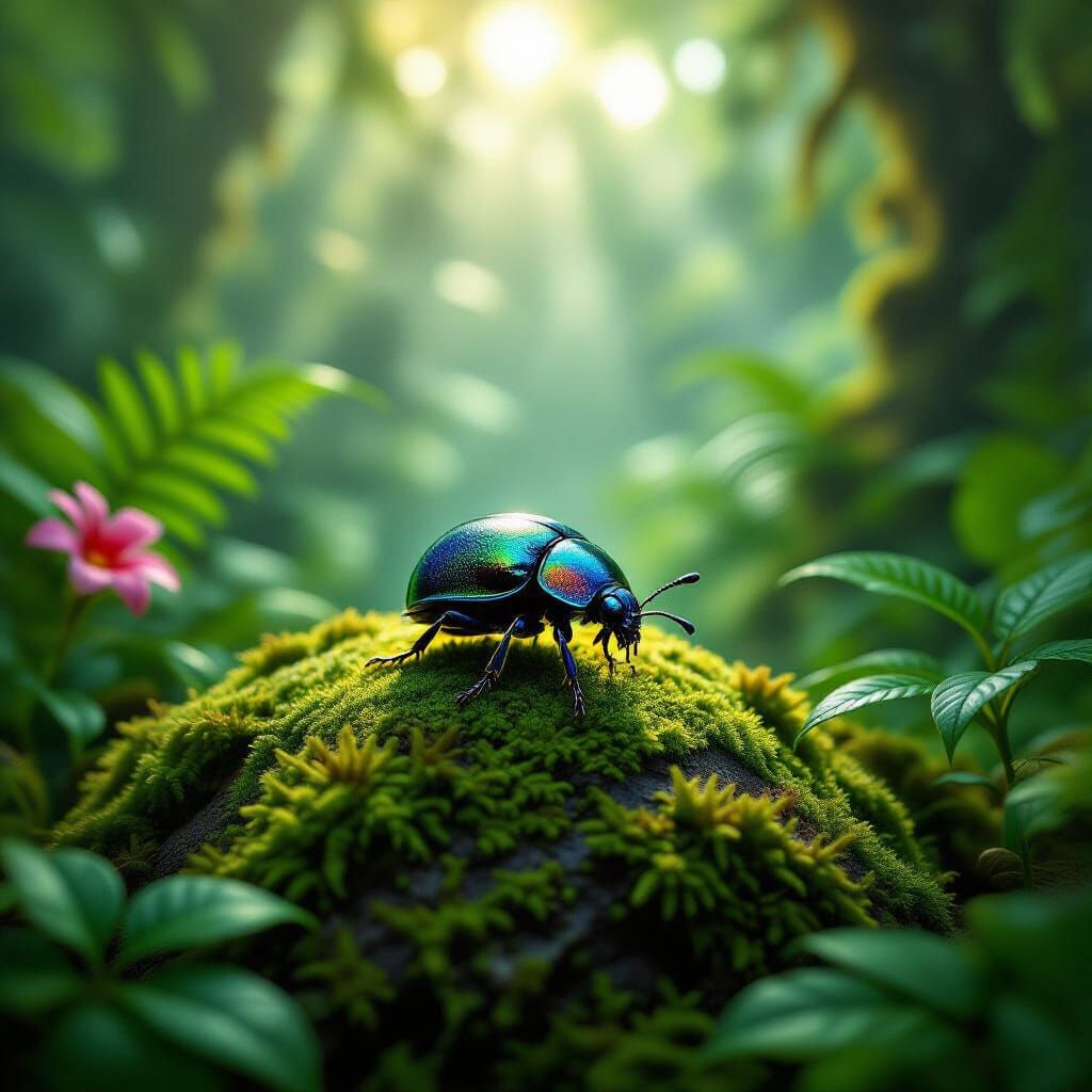 Hyperrealistic macro photography. A tiny, glistening beetle crawls across a mossy rock in a prehistoric ...  by @SEA1337