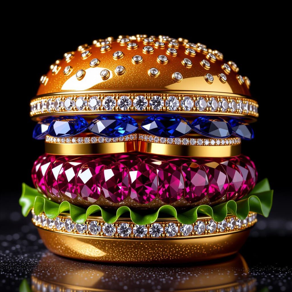 A juicy hamburger is built entirely from polished gemstones, with a ruby patty, sapphire lettuce, and ...  by @Tim