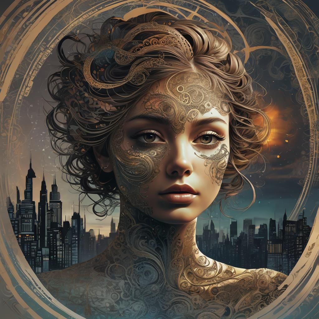 Double Exposure Silhouette with Sunset Cityscape