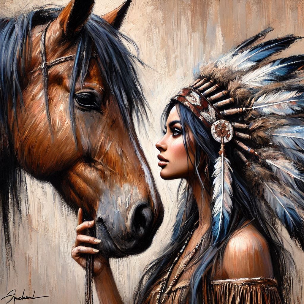 Beautiful Cherokee woman holding the snout of her mare