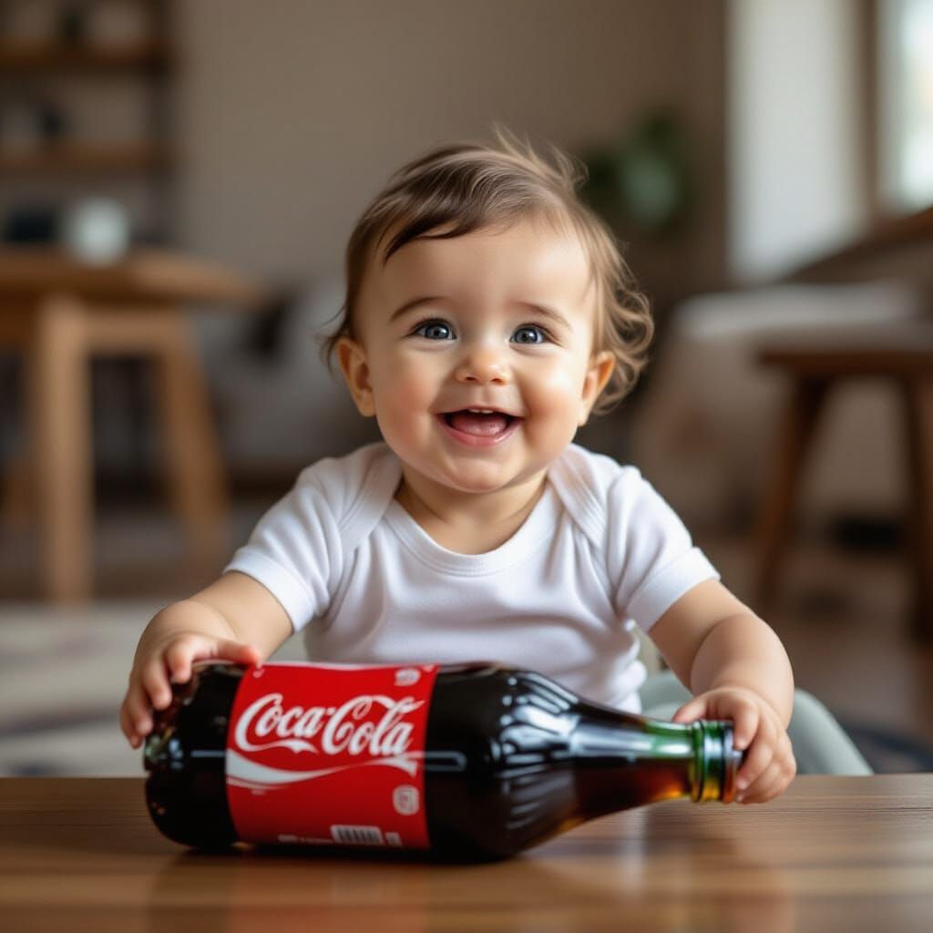 תינוק נהנה משתית פחית קולה של קוקה קולה ענקית