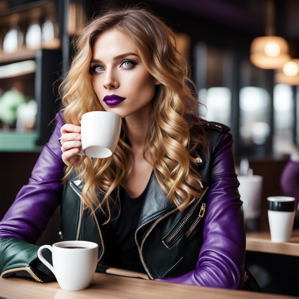 woman with nordic features, wavy golden hair with purple dip...