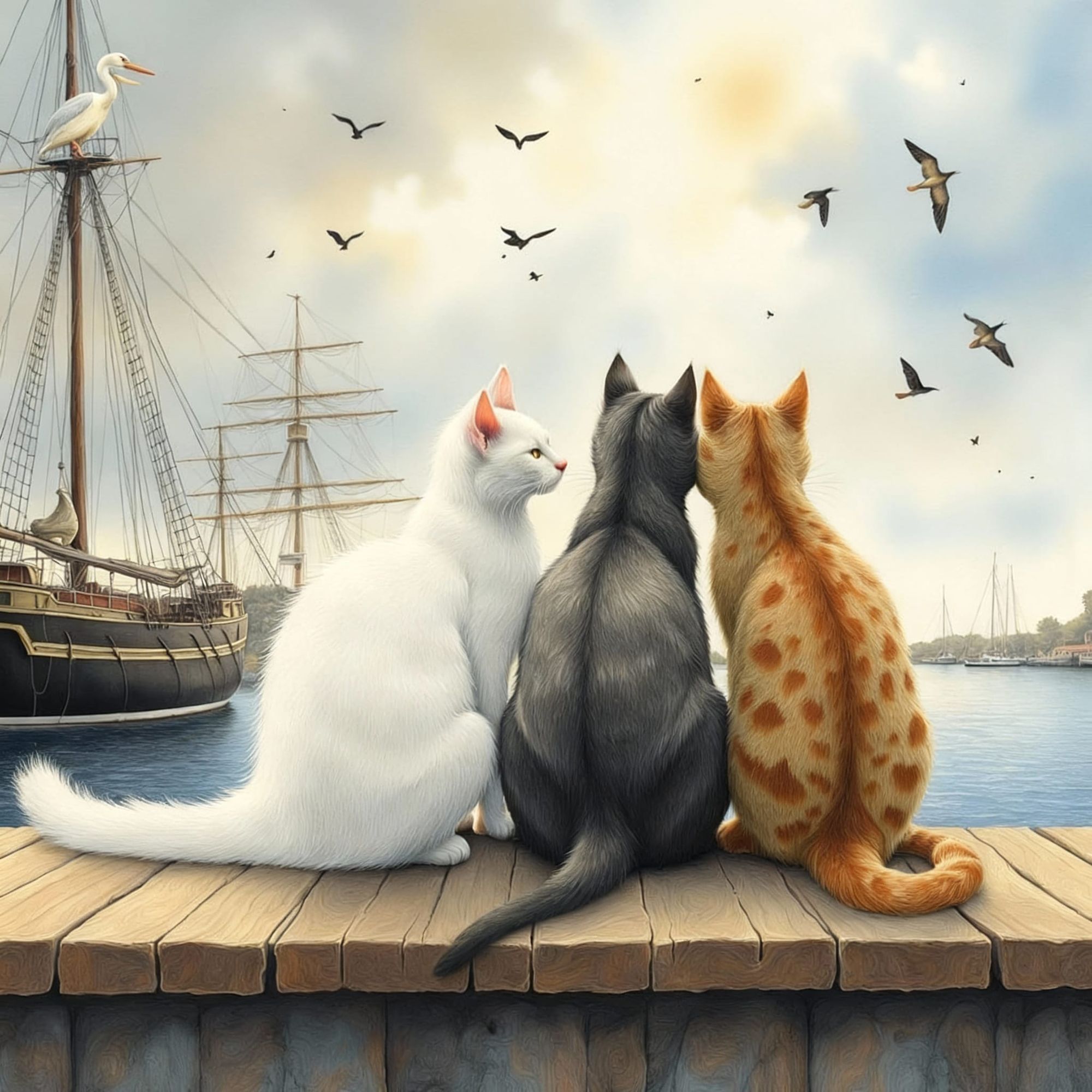 White Cat, Smoky and Dot watching the seagulls