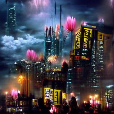 Fireworks over cyberpunk city matte painting