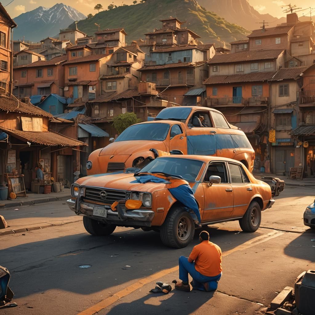 Fat Man on Car Roof: Fantasy Matte Painting