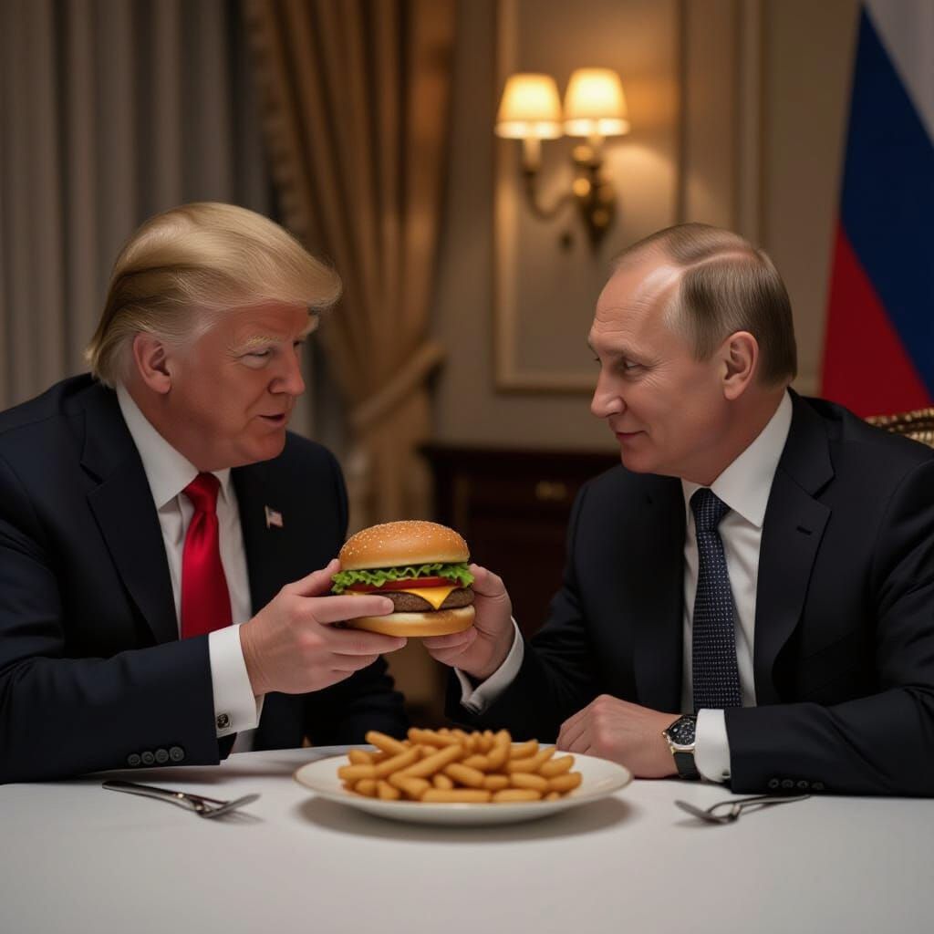 Trump Feeds Putin Hamburger in Realistic Photo