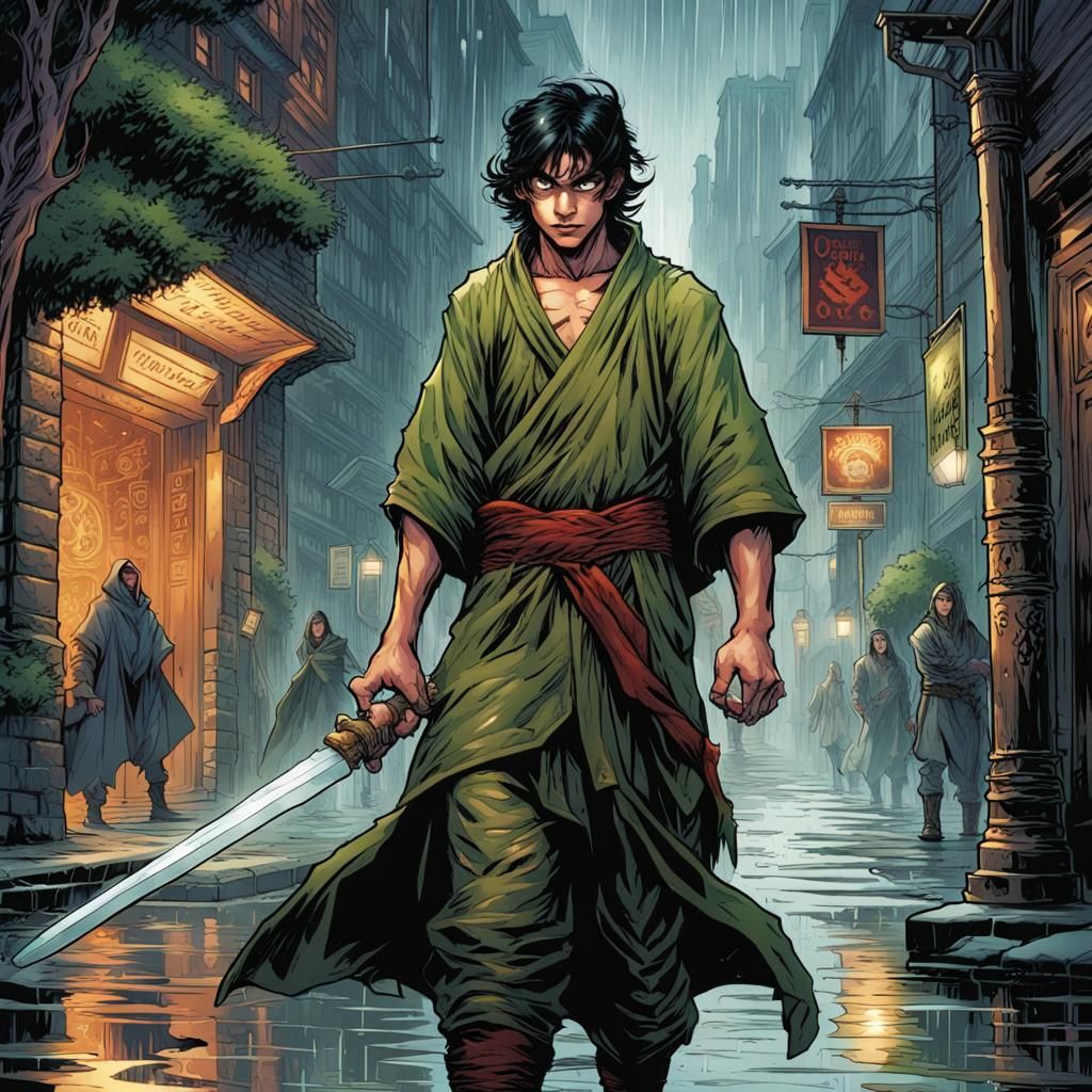 d&d teenager monk dark hair rainy city moss covered sword sh...