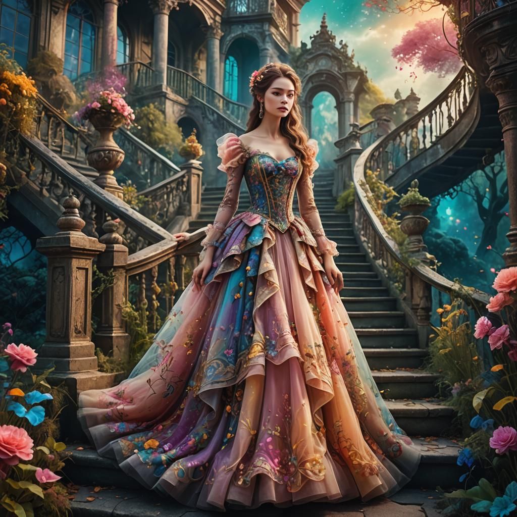 Prompt : an elegant women wear tulle fabrics outfits ,long dress in rococo era, standing at the stairs, in enchanted ...  by @Anna Mariana