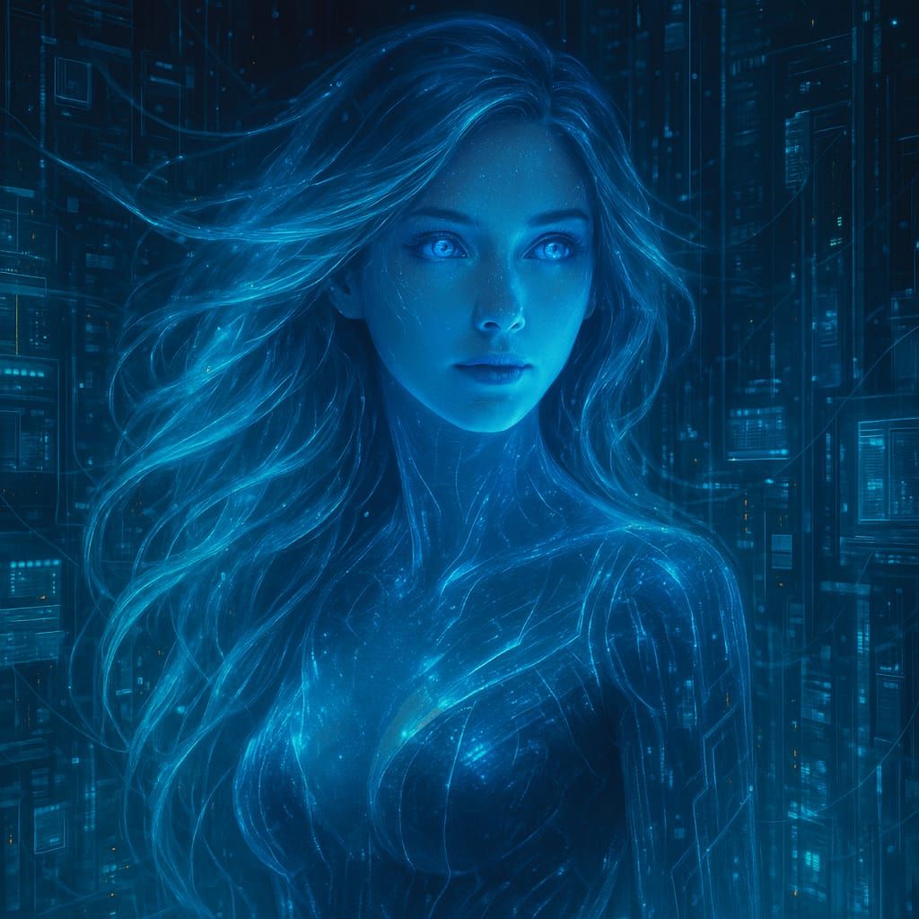 A futuristic holographic woman with luminous blue eyes and f...