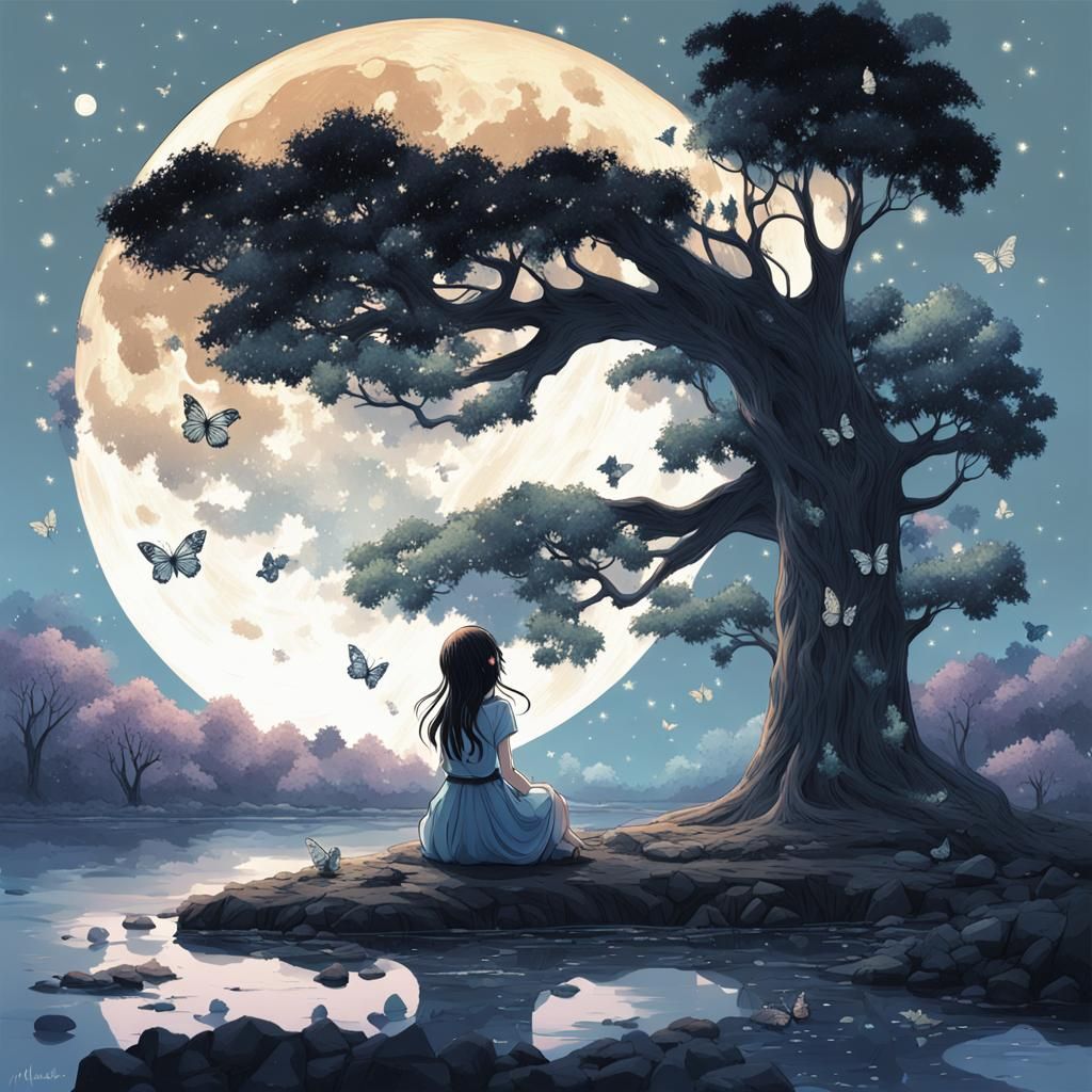 Anime Glass Girl with Moon, Fairies and Butterflies