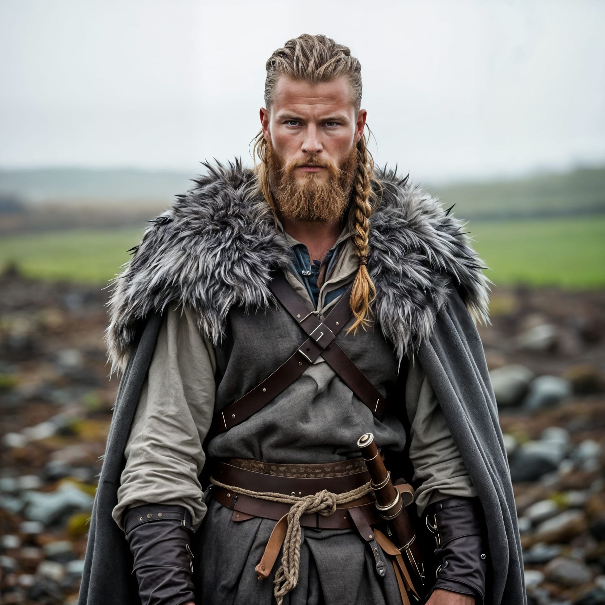 An epic scene, reminiscent of cinema. A medium shot of a young, classic Viking dressed in traditional clothing from the early eighth century...