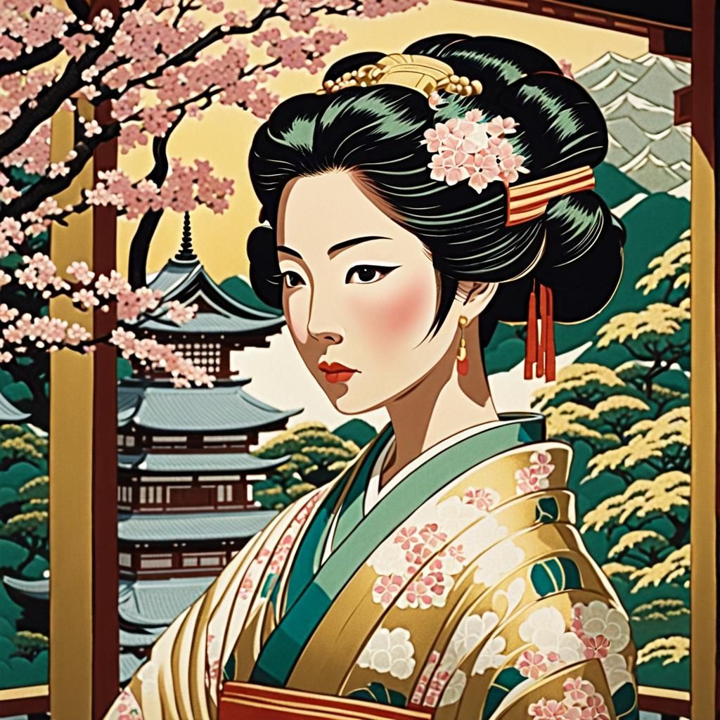 A geisha taking in the sights of her garden