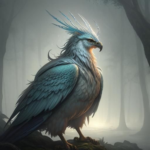 A griffin flying through the forest on a rainy morning