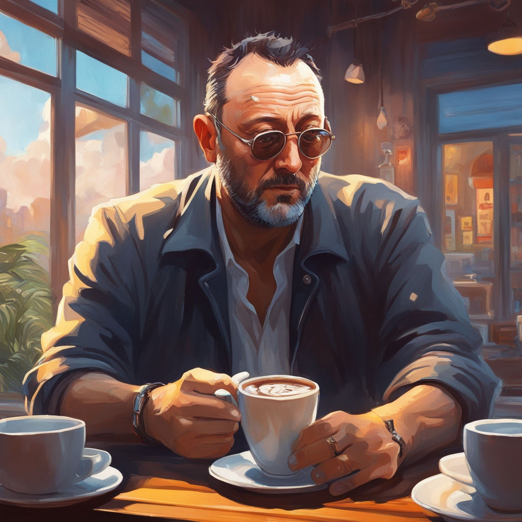 Jean Reno drinking coffee